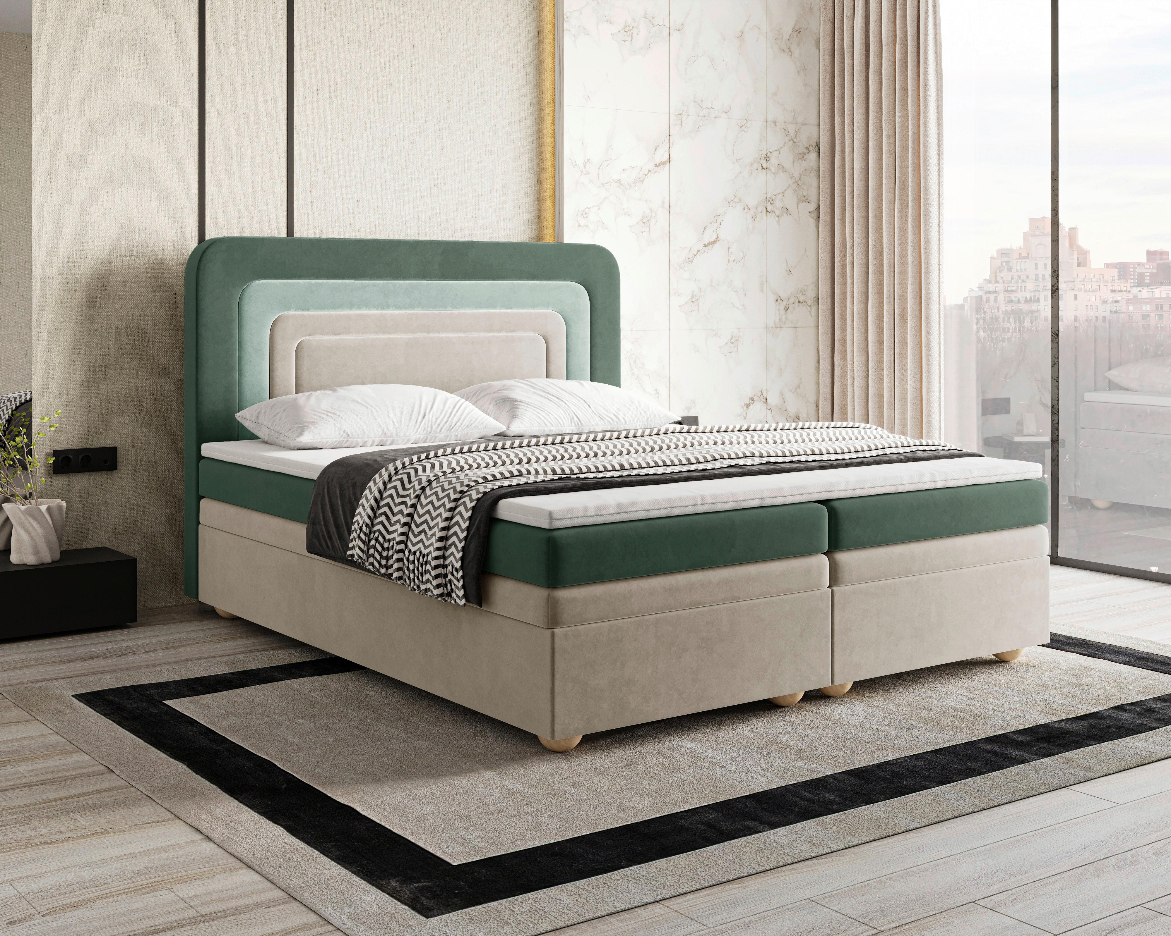 Boxbett Nest Lf:160x200 D.grün/Beige/Mgrün - Dunkelgrün/Beige, MODERN, Holz/Kunststoff (160/200cm) - MID.YOU