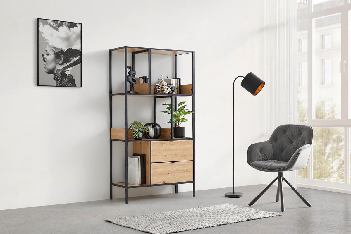 Regál QUEENS - čierna/prírodná farba, Modern, kov/kompozitné drevo (90/170/40cm) - Mömax