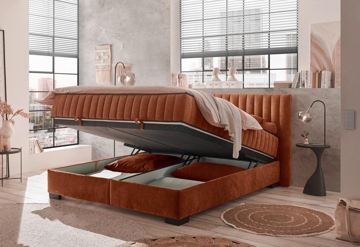 Boxbett Nagol C - Cognac/Schwarz, MODERN, Holzwerkstoff/Textil (180/200cm) - MID.YOU