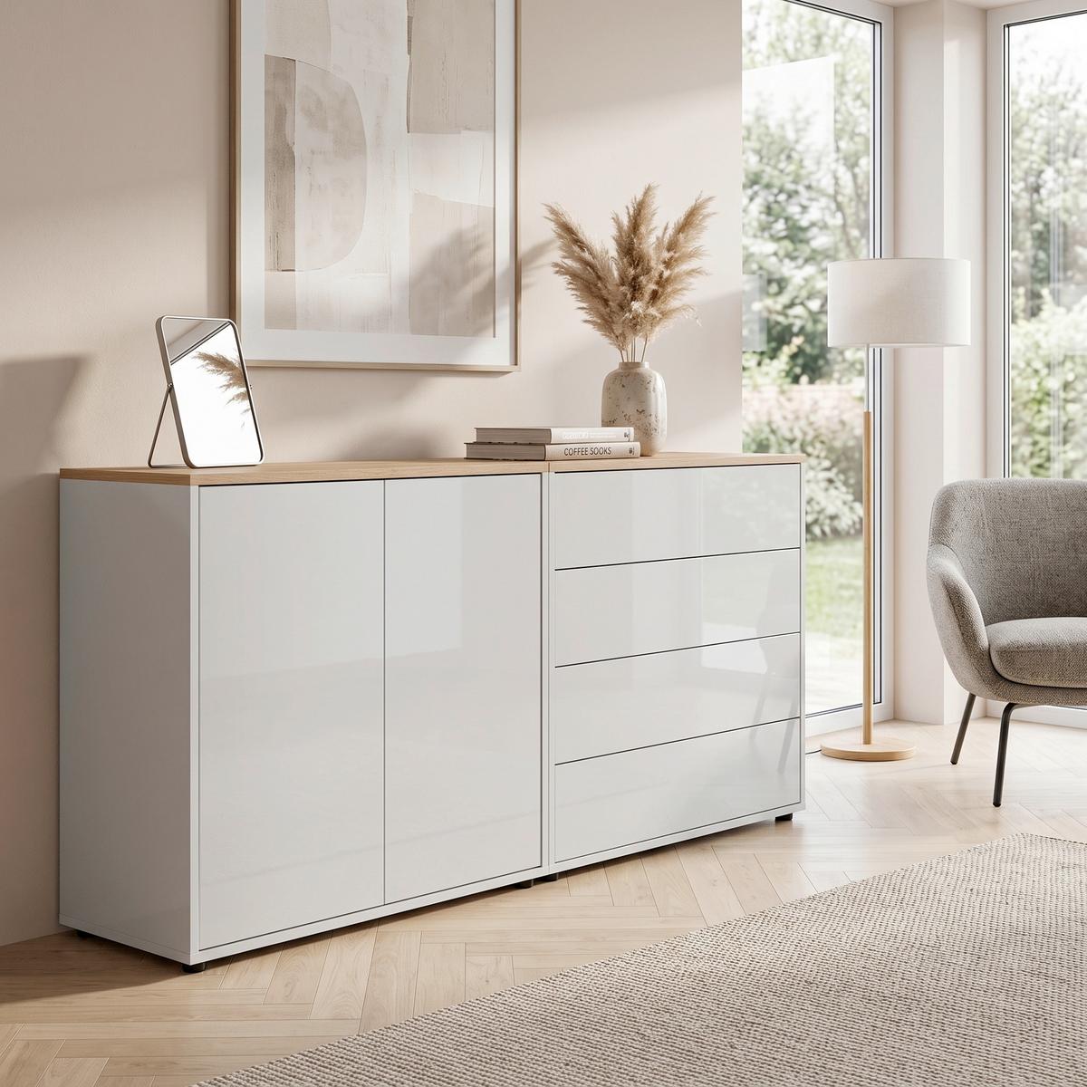 SIDEBOARD Mailand3B:158cm Weiß/Eiche - Weiß Hochglanz/Schwarz, MODERN, Holzwerkstoff (158/73/33cm) - MID.YOU