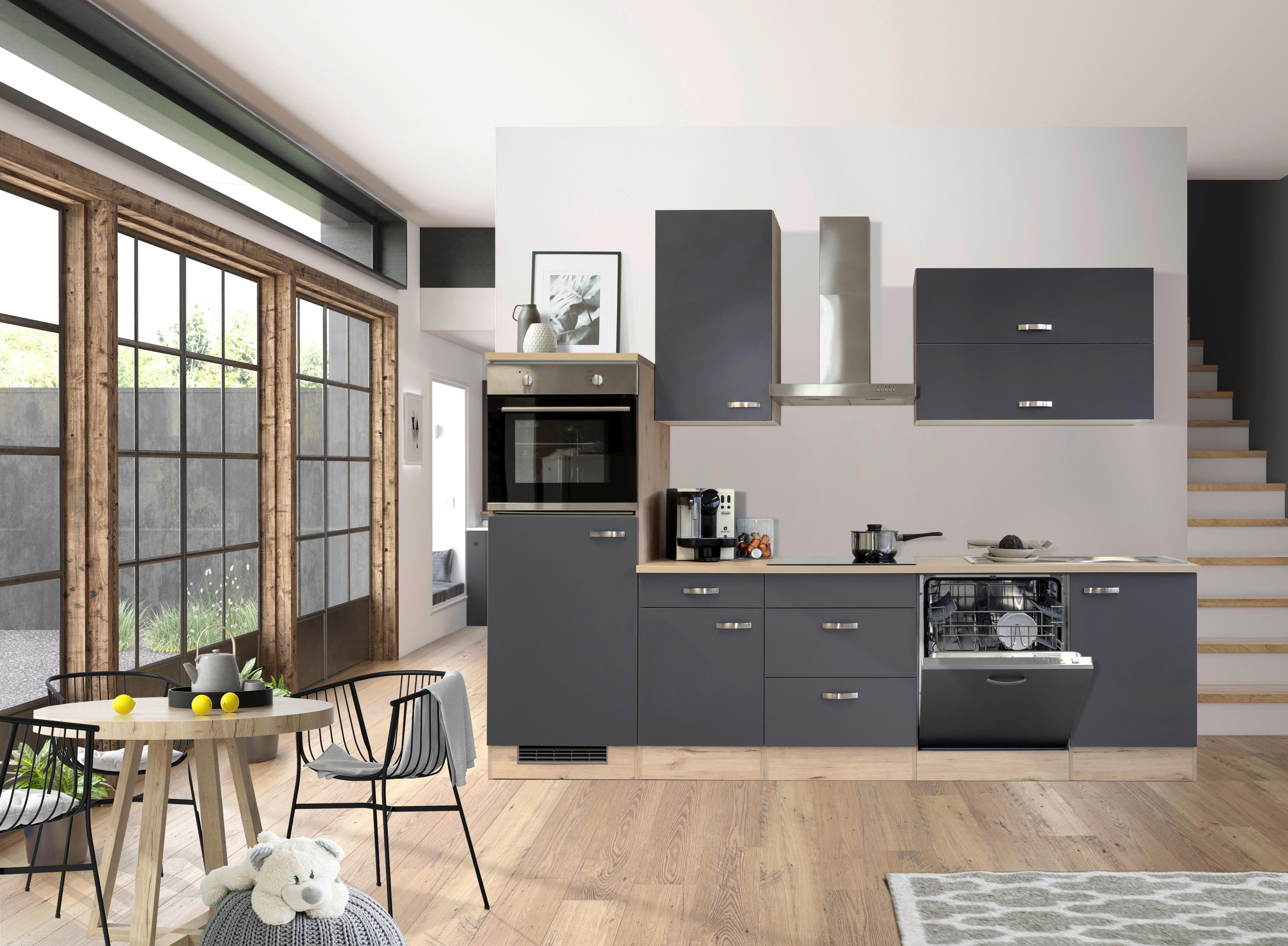 Küchenzeile Shadow mit Geräten 280 cm Grau/Eiche Dekor - Eiche San Remo/Grau, MODERN, Holzwerkstoff (280cm)
