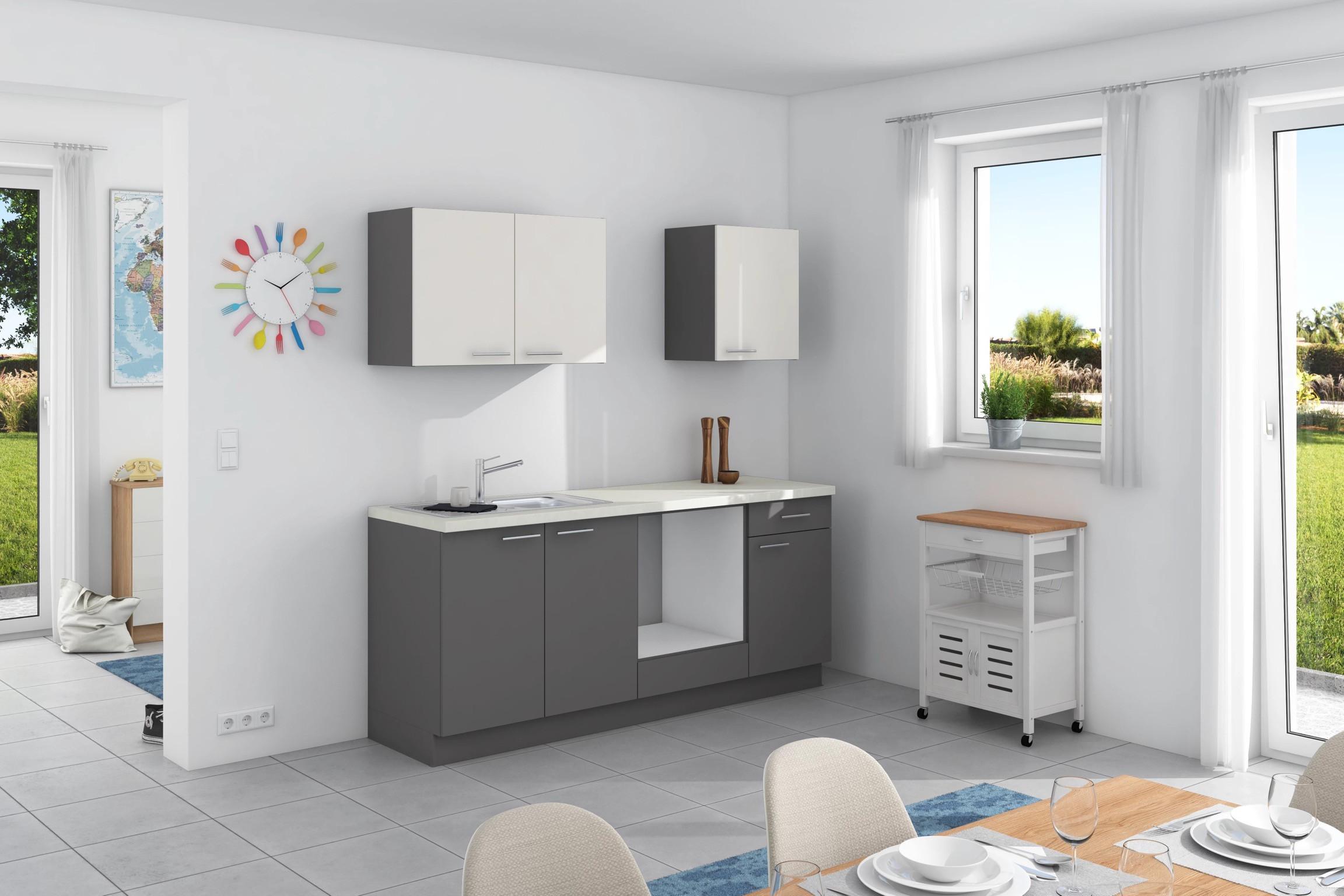 Küchenzeile Base ohne Geräte 200 cm Weiß/Anthrazit - Anthrazit/Weiß, Design, Holzwerkstoff (200cm) - Express