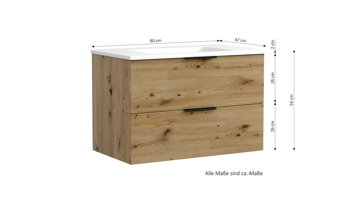Waschtischkombi Sevilla Schwarz/Weiß, B: 80 cm - Eiche Artisan/Weiß, MODERN, Keramik/Holzwerkstoff (80/54/47cm) - Held