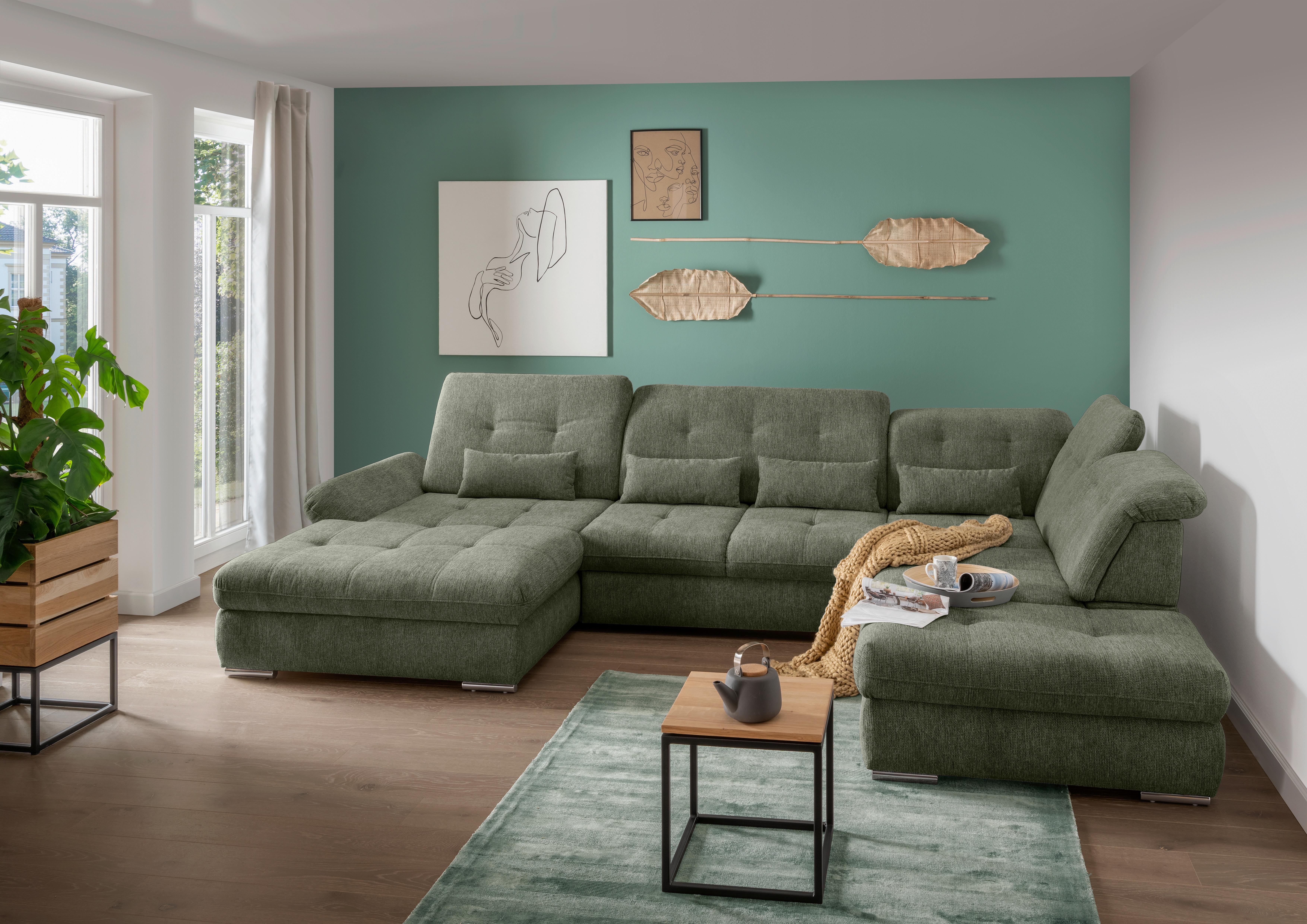 Wohnlandschaft Dalida Dunkelgrün U: 195x376x254 Cm - Chromfarben/Dunkelgrün, Design, Textil (195/376/254cm) - Livetastic