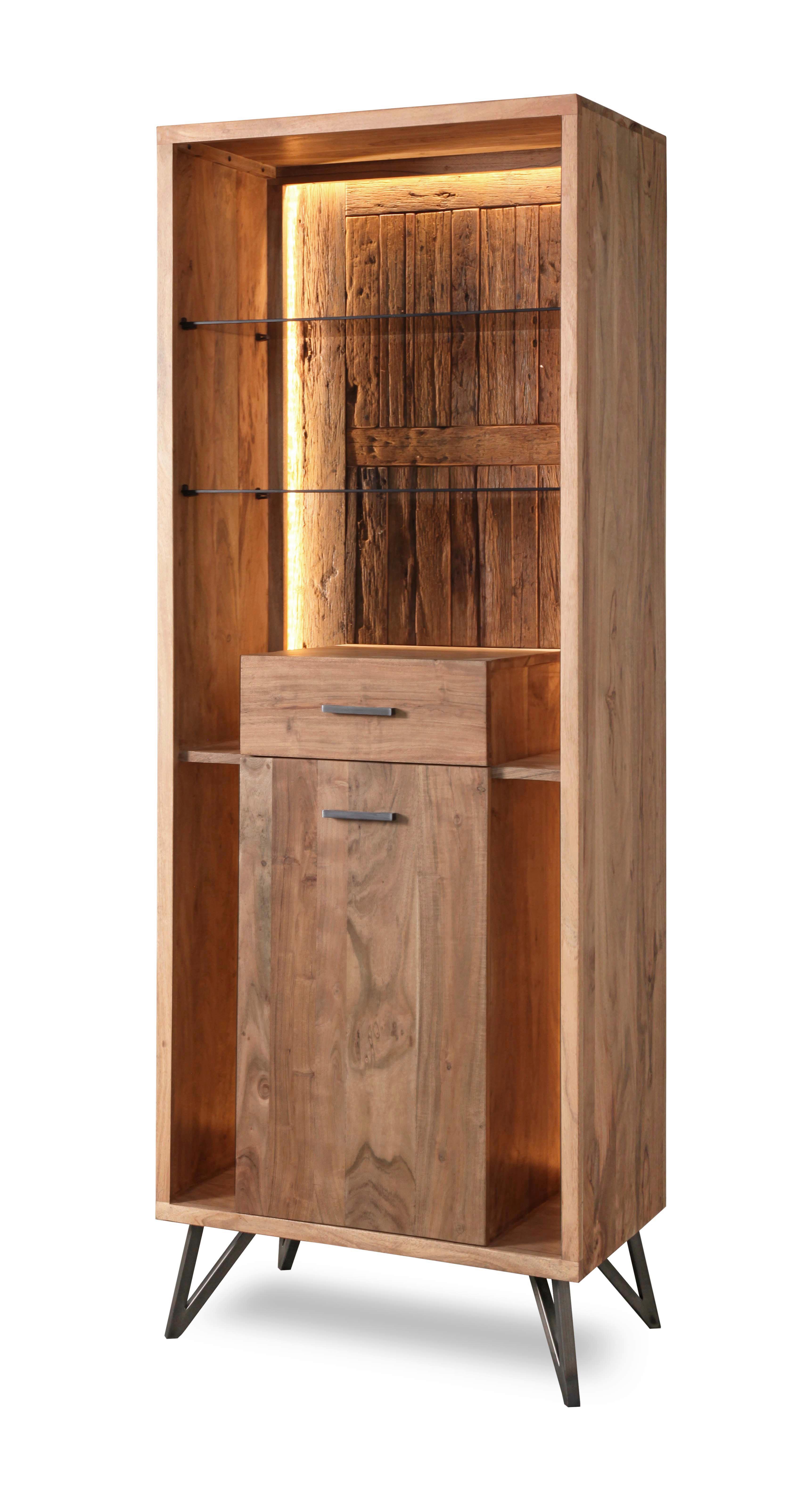 Vitrine Indira Akazie Massiv, B: 72 cm - Schwarz/Akaziefarben, ROMANTIK / LANDHAUS, Holz/Metall (72/195/40cm)