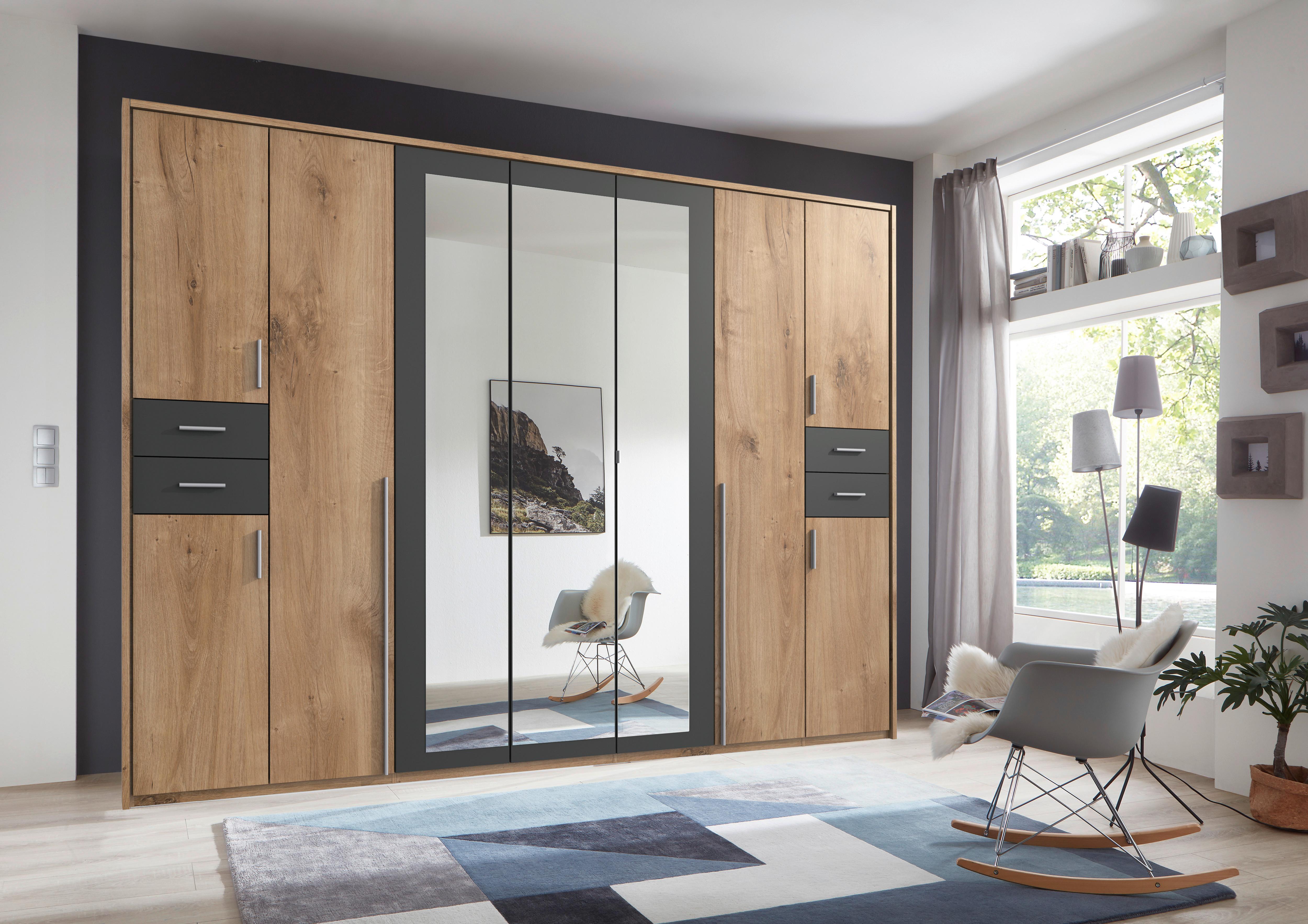 Drehtürenschrank Mit Spiegel + Laden B: 313 cm Vegas - Eichefarben/Graphitfarben, Basics, Holzwerkstoff (313/208/58cm) - MID.YOU