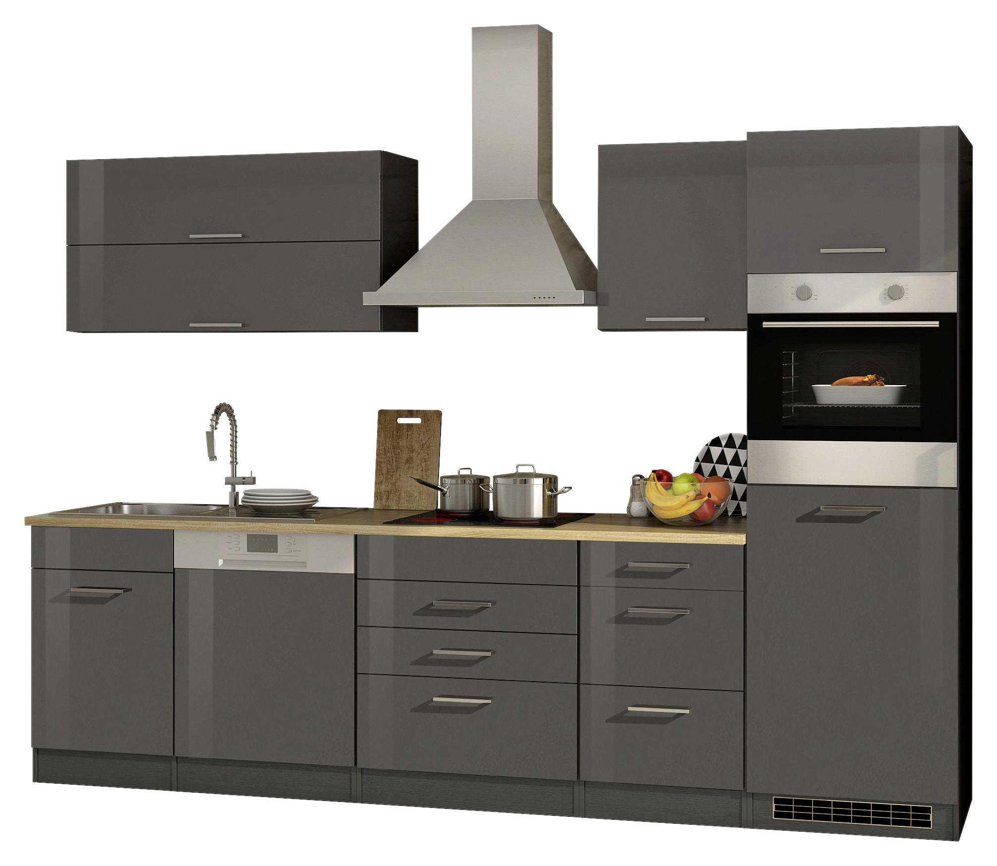 Küchenzeile Mailand mit Geräten 300 cm Anthrazit Elegant - Eichefarben/Anthrazit, MODERN, Holzwerkstoff (300cm) - Held