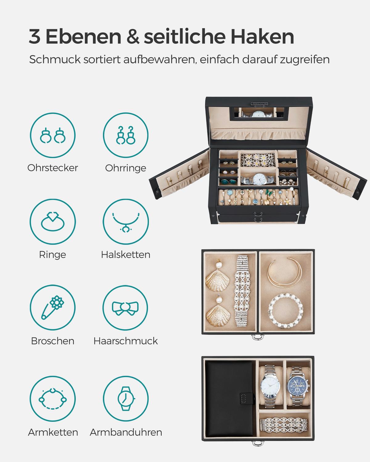 Schmuckkästchen Schwarz B: 26 Cm - Schwarz, LIFESTYLE, Leder/Holzwerkstoff (26/17,4/18,2cm)
