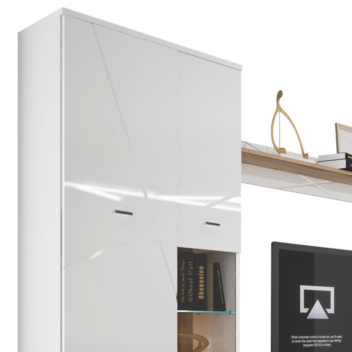 Wohnwand Modern 4 Tlg. Mit Led Storm, Weiß - Eichefarben/Schwarz, MODERN, Glas/Holzwerkstoff (340/196/40cm) - MID.YOU