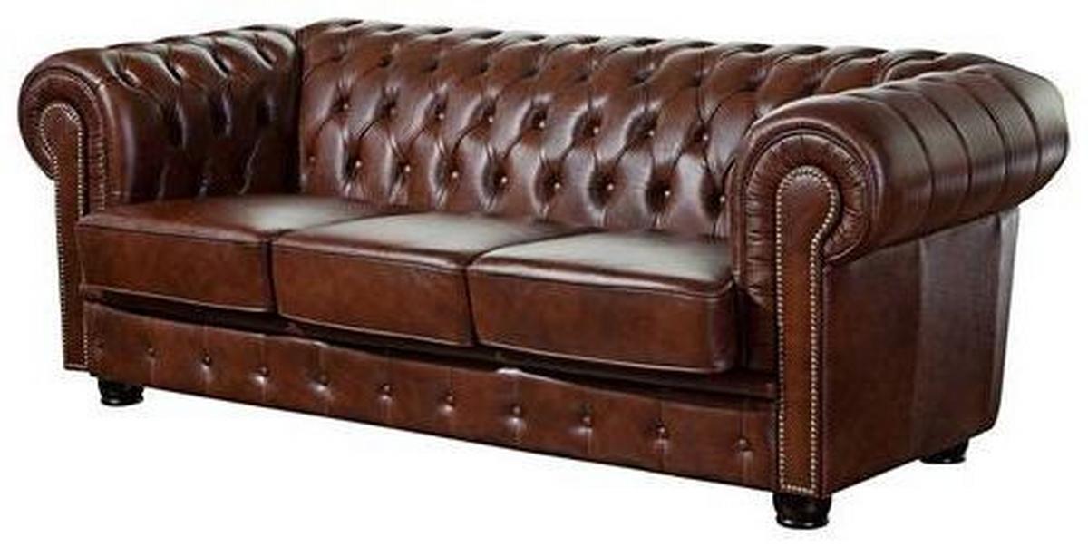 Chesterfield-Sofa in braunem Echtleder für drei Personen