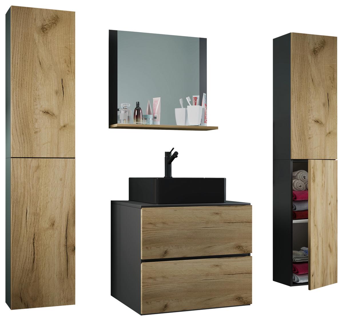 Badmöbel-Set 5-Tlg. Lendas B: 127cm Anthrazit/Eiche Dekor - Honigeiche/Anthrazit, MODERN, Glas/Keramik (127cm) - MID.YOU