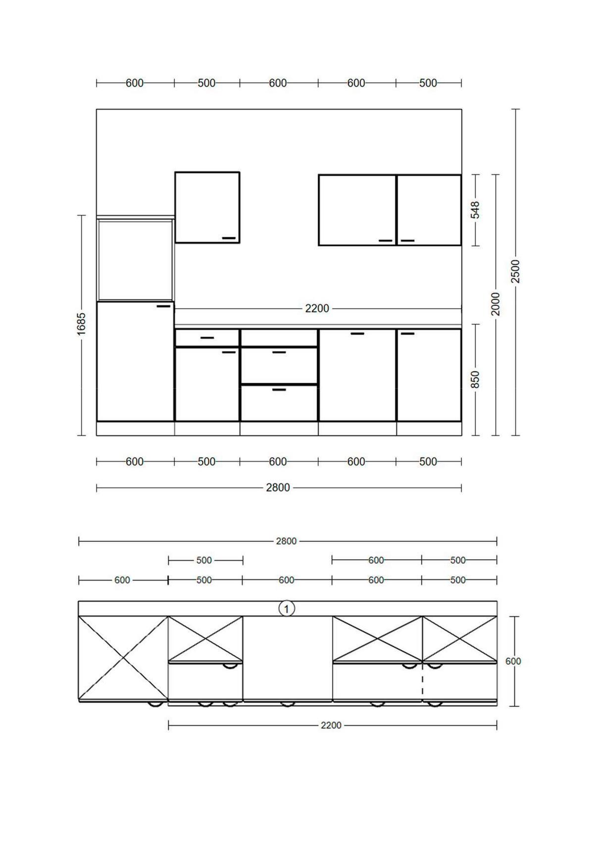 Küchenblock Julia Eiche/Weiß B: 280 cm - Eichefarben/Weiß, Basics, Holzwerkstoff (280cm) - FlexWell