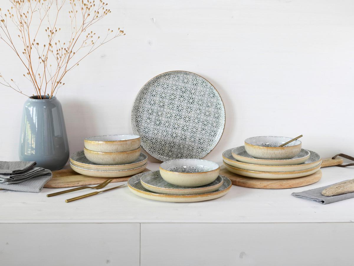 Tafelservice Uno Emiliana 12--Teilig., Creme, Grün - Creme/Grau, Basics, Keramik - Creatable
