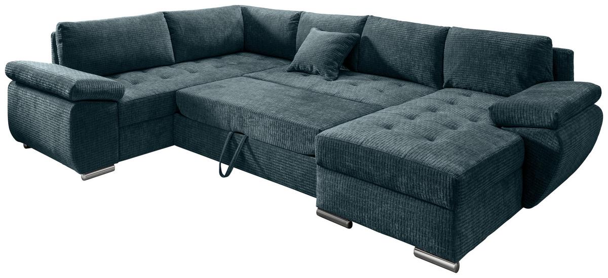 Wohnlandschaft Terana Blau mit Schlaffunktion, Mikrofaser - Chromfarben/Blau, KONVENTIONELL, Textil (219/305/157cm) - Livetastic