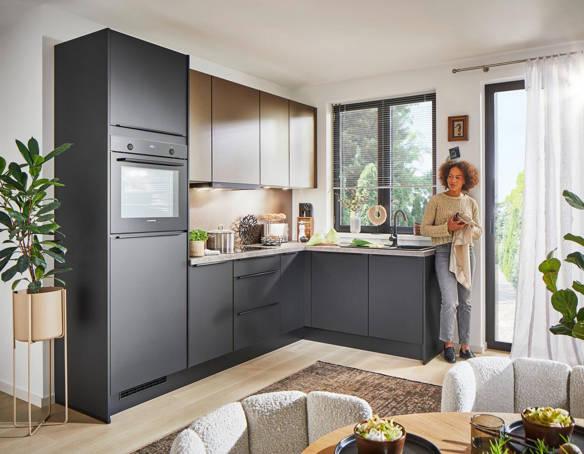 Eckküche Pn210/205 - Taupe/Schwarz, Basics, Holzwerkstoff (264/178cm) - Pino