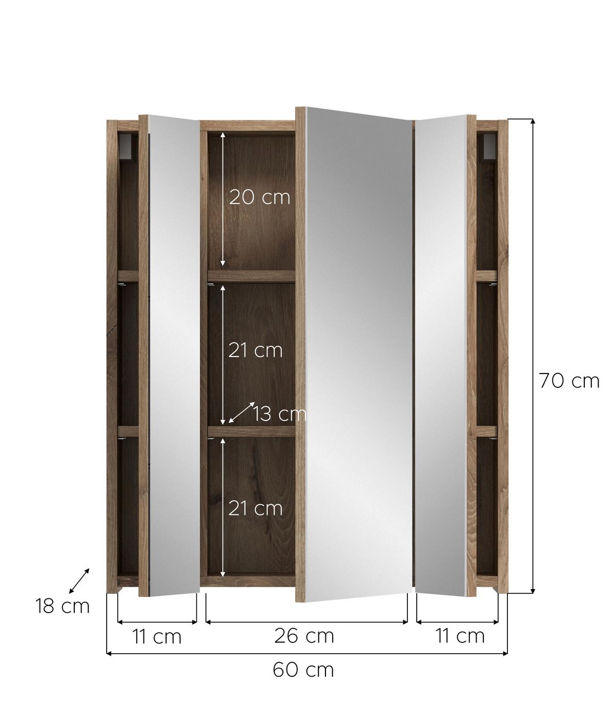 Spiegelschrank Ice Schwarz/Eiche Dekor B: 60cm - Eiche dunkel/Schwarz, Basics, Glas/Holzwerkstoff (60/70/18cm) - MID.YOU