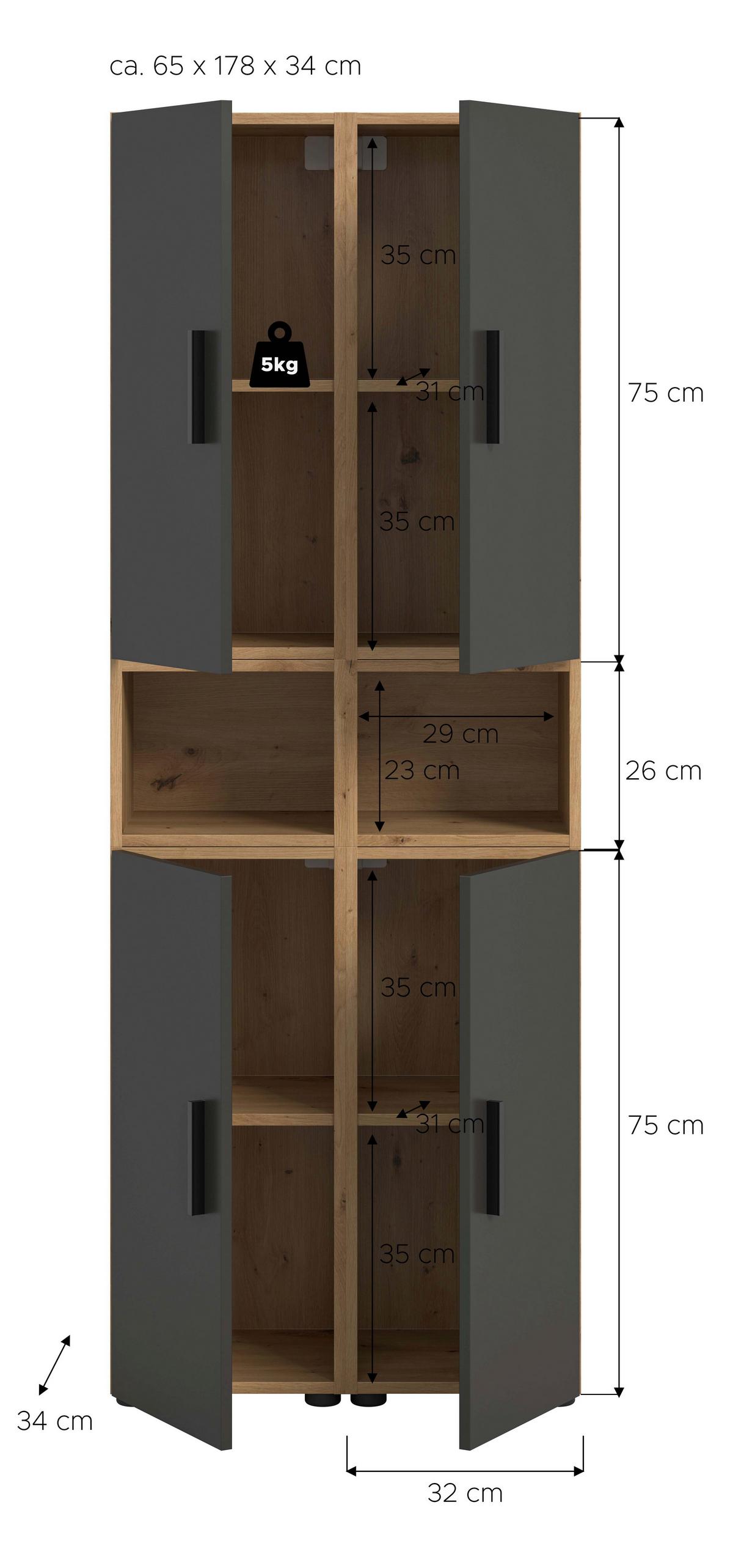Wohnwand, The One 9, B: 65 cm Grau/Artisan Eiche Dekor - Schwarz/Eiche Artisan, Trend, Holzwerkstoff (65/178/34cm)
