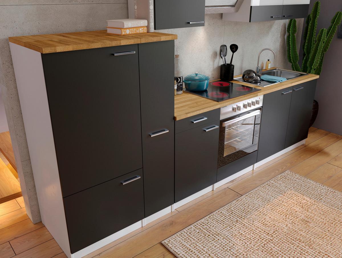Küchenzeile Economy mit Geräten 300 cm Schwarz/Nussbaum Dekor - Nussbaumfarben/Schwarz, Basics, Holzwerkstoff (300cm) - Respekta