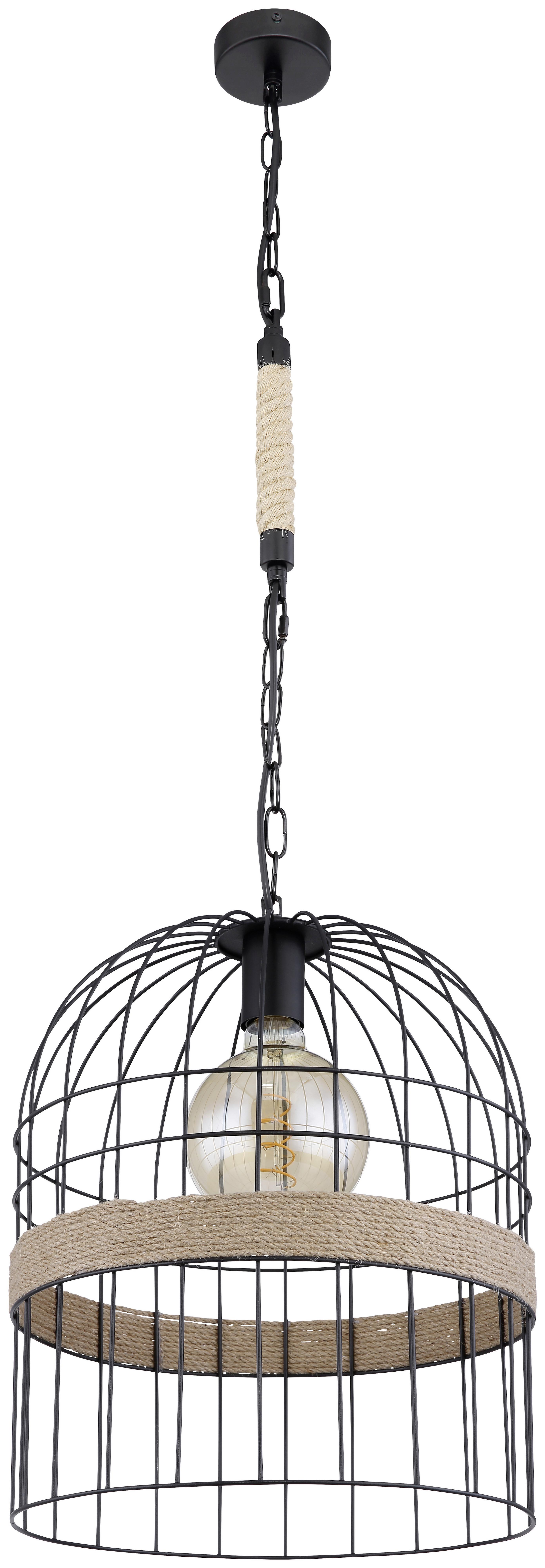 Hängeleuchte Halia H: 140 Cm 1-Flammig, Metallkäfig - Schwarz/Braun, Natur, Naturmaterialien/Metall (35/140cm) - Globo