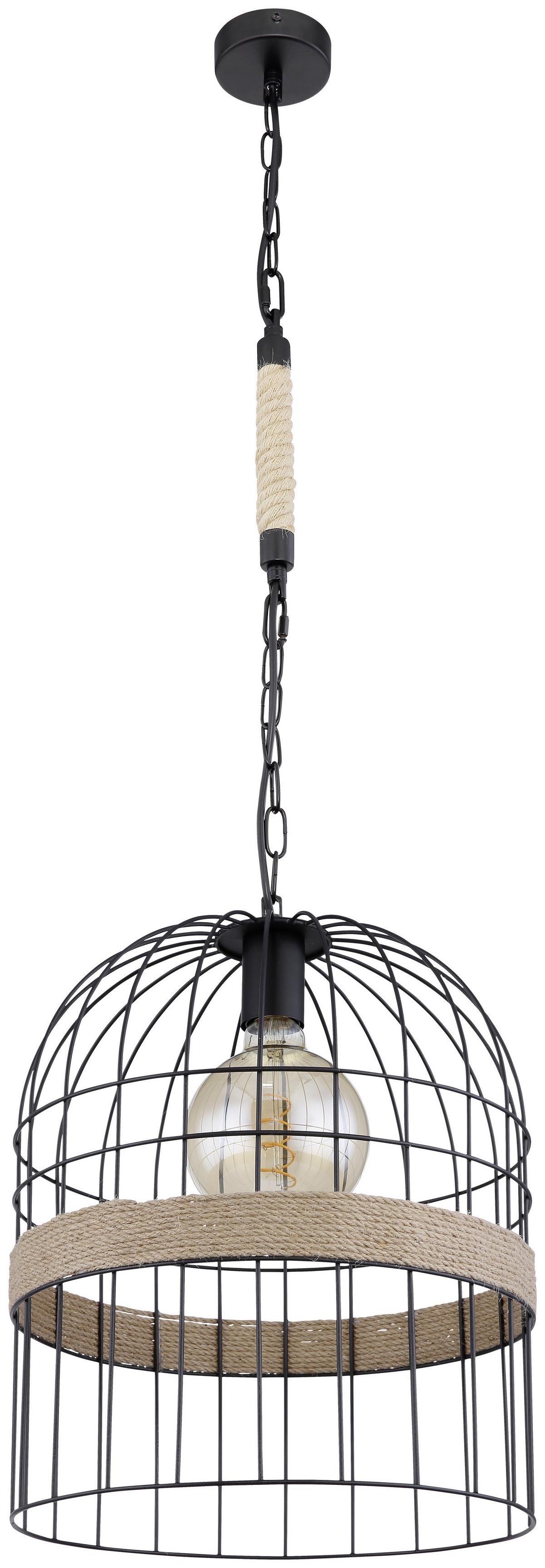 Hängeleuchte Halia H: 140 Cm 1-Flammig, Metallkäfig - Schwarz/Braun, Natur, Naturmaterialien/Metall (35/140cm) - Globo