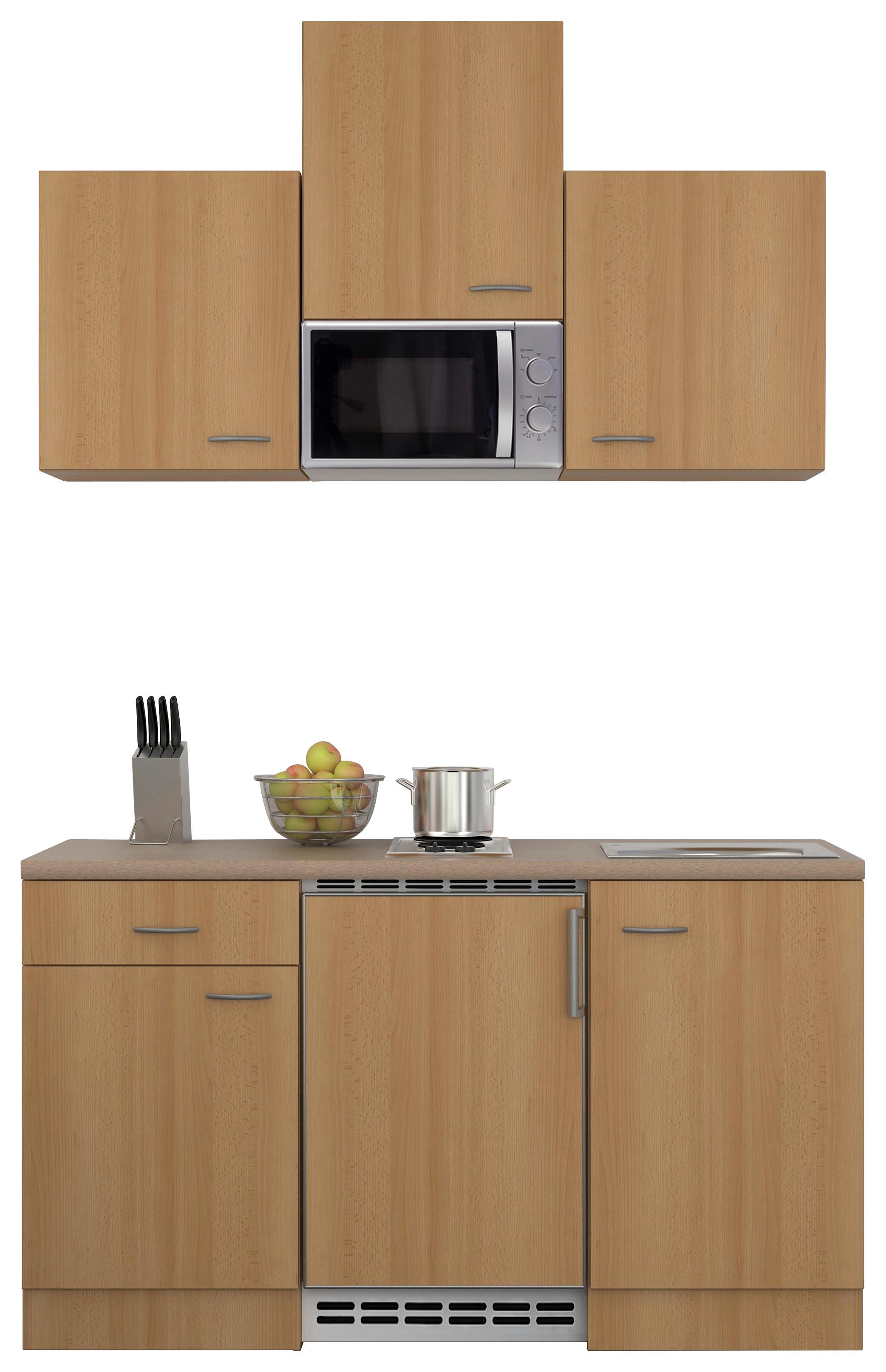 Minikuchyňa NANO vrátane spotrebičov a drezu - farba buka/farba ušľachtilej ocele, Modern, kompozitné drevo/plast (150cm) - MID.YOU