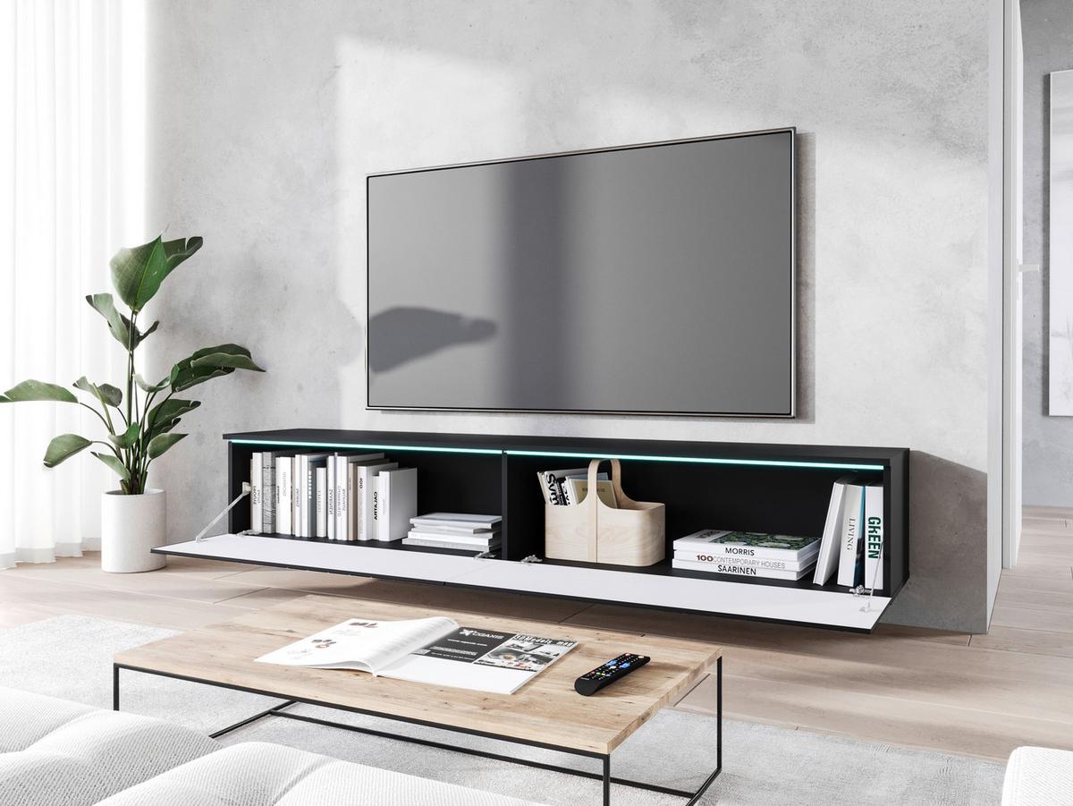 TV-Lowboard B: 180 cm Schwarz mit Fischgräte und Beleuchtung - Schwarz/Grau, Basics, Holzwerkstoff (180/30/33cm) - P & B