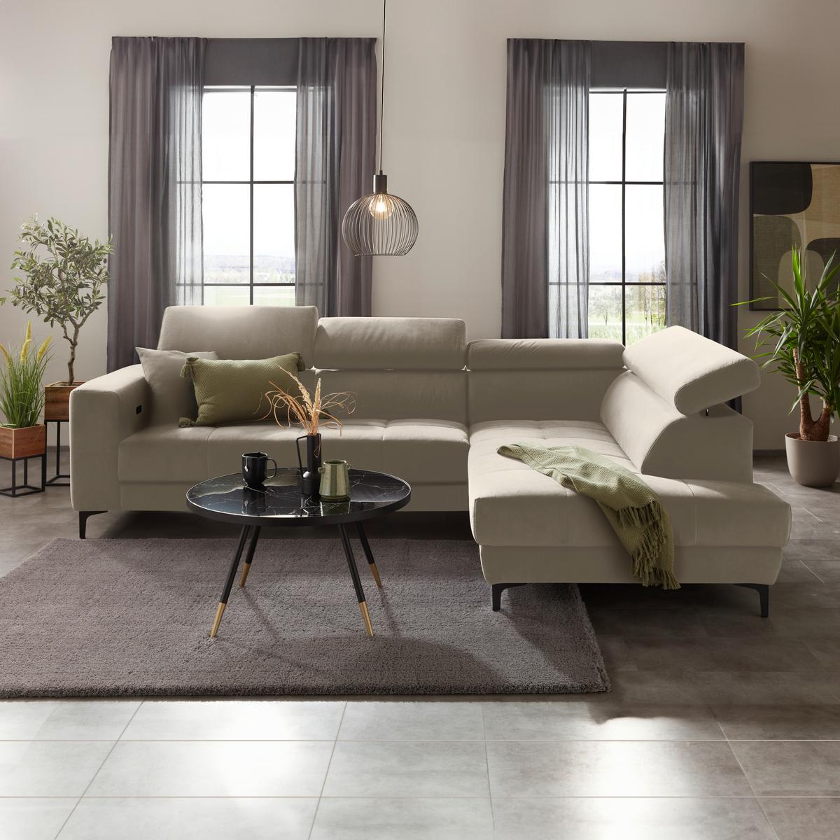 Rohová sedačka EMMA, pravá, béžová,op.hl.,USB,el.výsuv - černá/béžová, Moderní, textil (301/210cm) - Premium Living