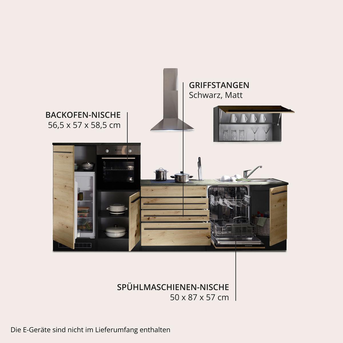 Küchenzeile Jazz4 Mit Geräten B: 320cm Anthrazit/eiche Dekor - Anthrazit/Eiche Artisan, Basics, Holzwerkstoff (320cm) - MID.YOU
