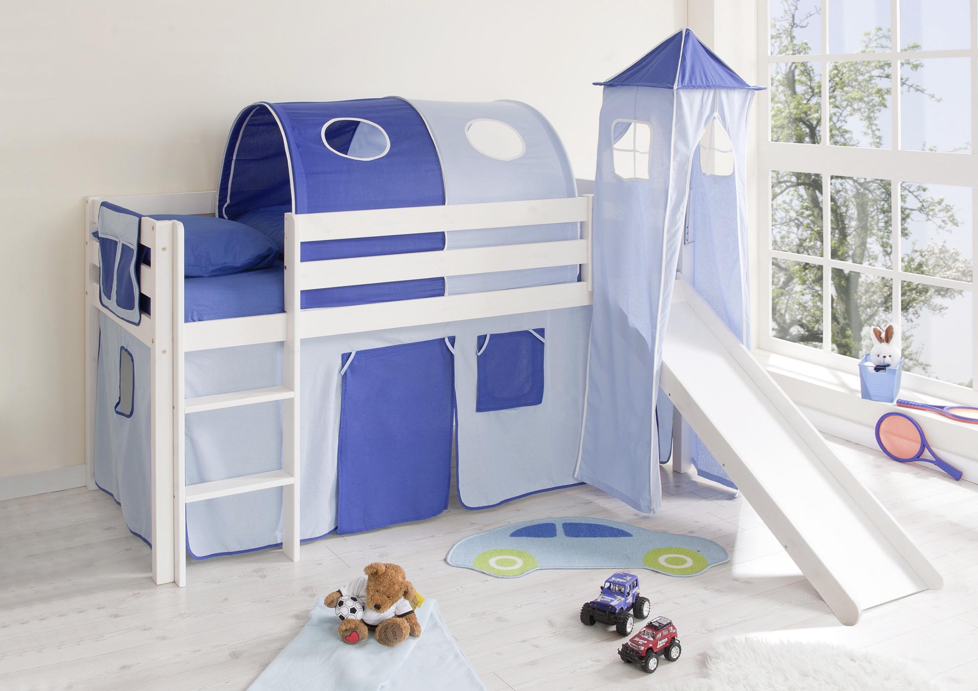 Spielbett Kasper Weiß/Blau Kiefer Massiv 90 cm Turm