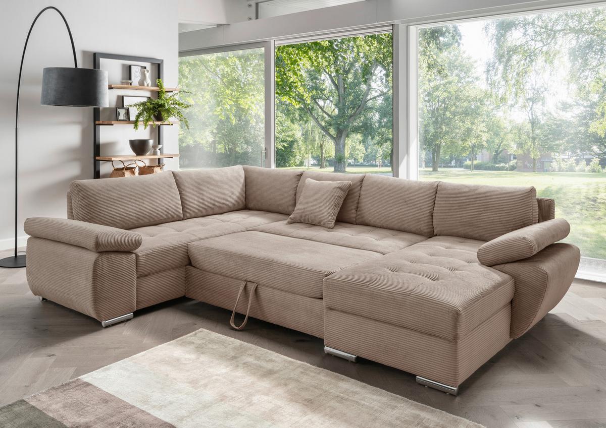 Wohnlandschaft Terana mit Schlaffunktion, Graubraun - Chromfarben/Graubraun, KONVENTIONELL, Textil (219/305/157cm) - Livetastic