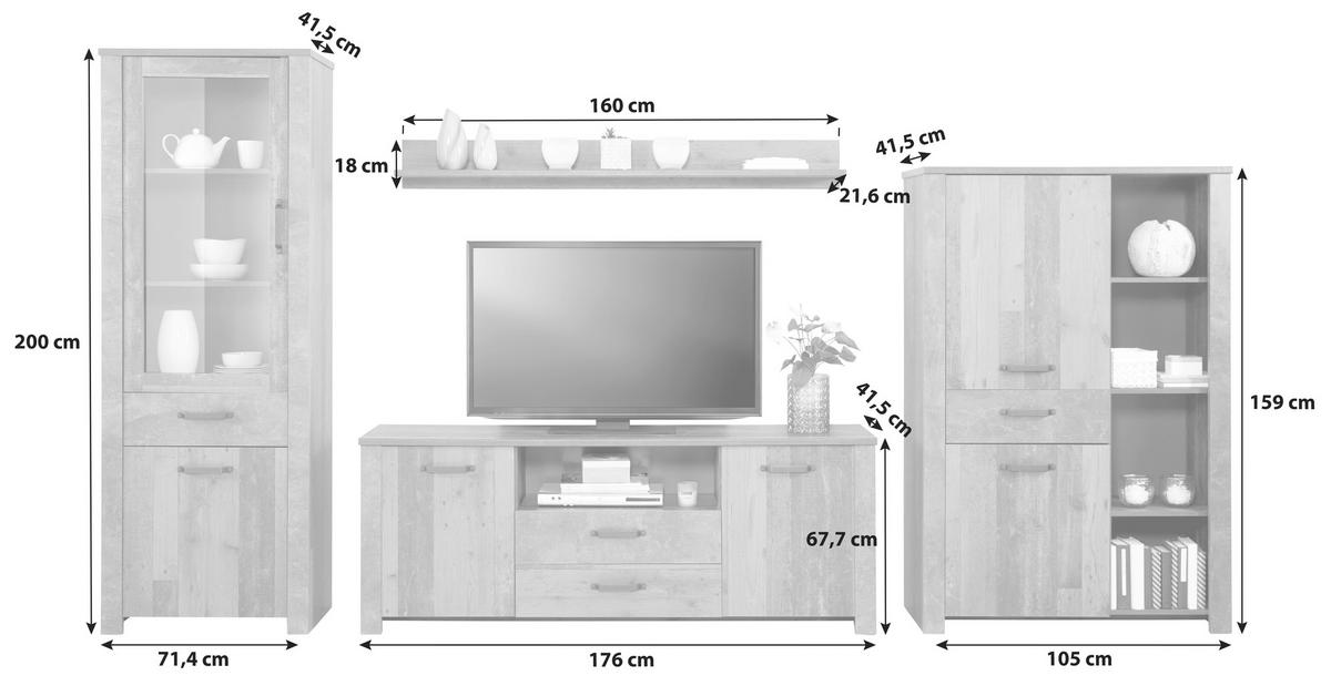 Wohnkombination 4 Tlg. Ontario, Old Style/betonoptik - Eichefarben/Dunkelgrau, Trend, Glas/Holzwerkstoff (352,4/200/41,5cm) - Ondega