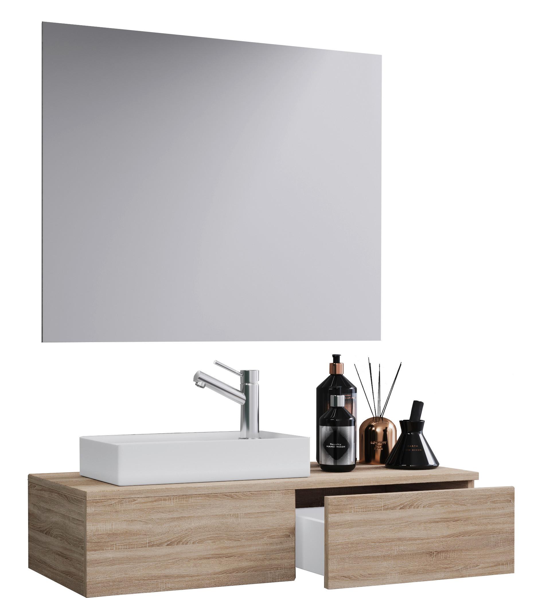 Skrinka do kúpeľne so zrkadlom a umývadlom š: 85 cm - biela/dub sonoma, Modern, kompozitné drevo/keramika (85cm) - MID.YOU
