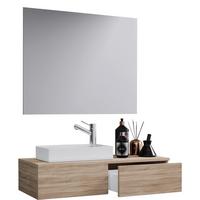 Skříň do koupelny se zrcadlem a umyvadlem š: 85 cm - bílá/Sonoma dub, Moderní, kompozitní dřevo/keramika (85cm) - MID.YOU