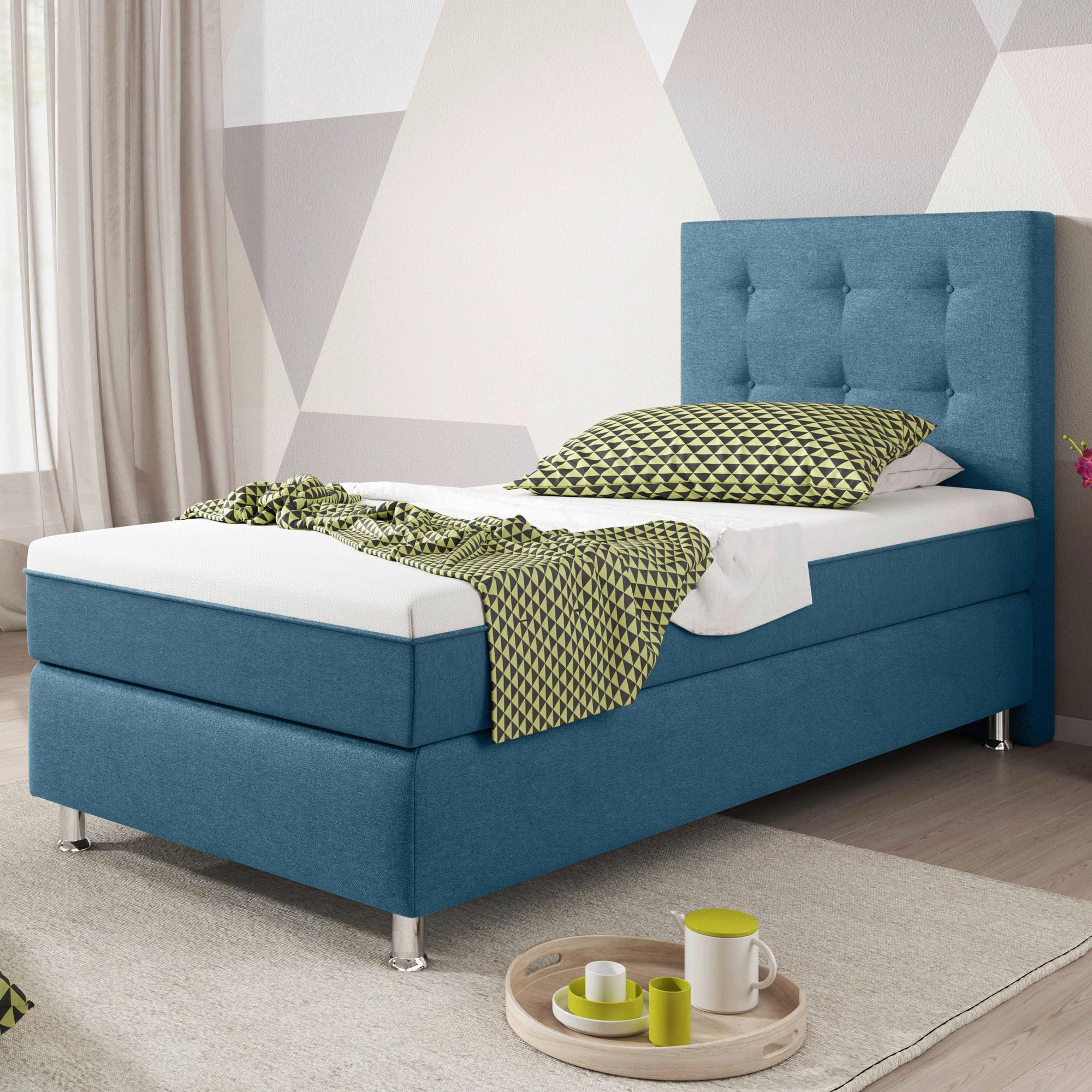 Boxspringbett Mit Topper 90x200 Köln Plus - Blau/Silberfarben, KONVENTIONELL, Textil (90/200cm) - MID.YOU