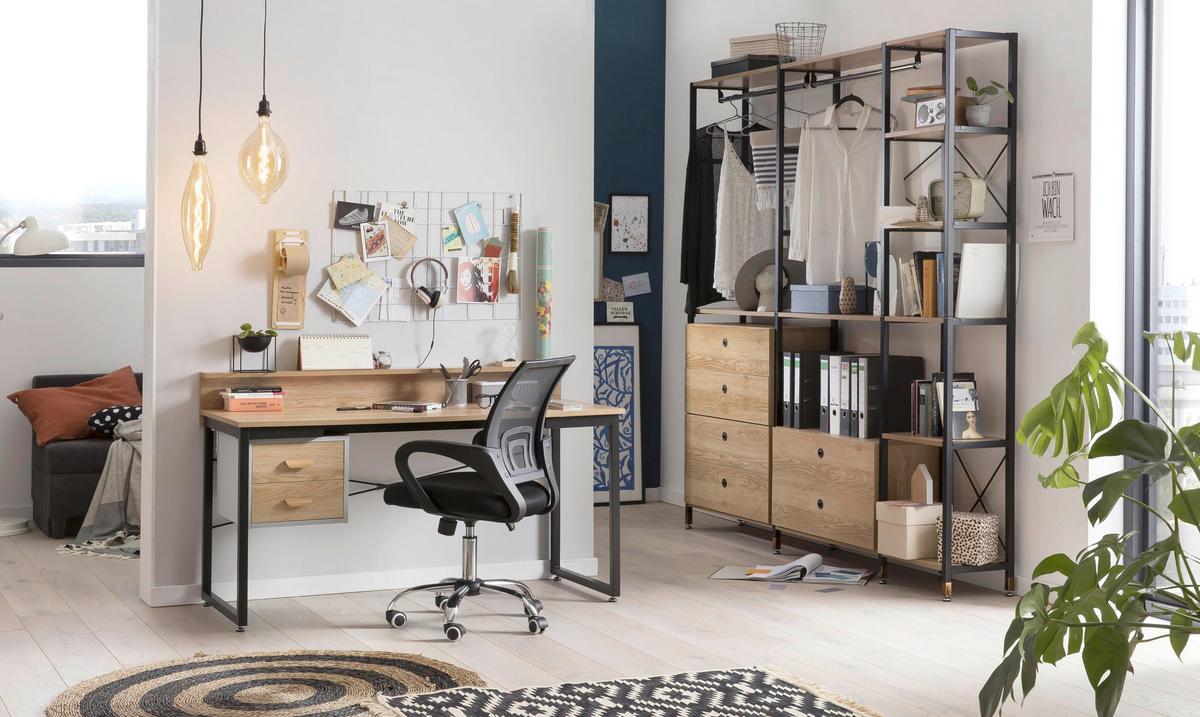 Schreibtisch Naturfarben, Schwarz L: 140cm - Schwarz/Naturfarben, Design, Holzwerkstoff/Metall (140/60/84cm) - Livetastic