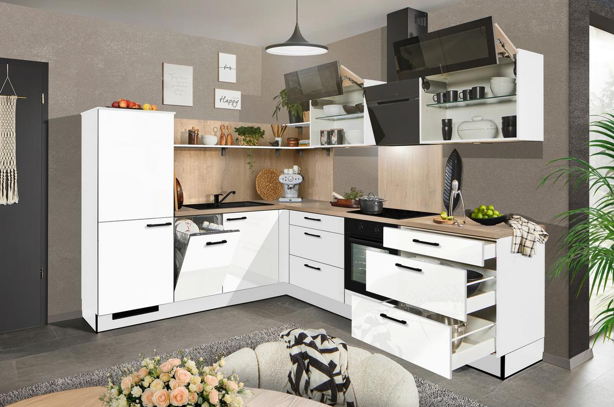 Eckküche Pn215/pn100 - Weiß Hochglanz/Eichefarben, MODERN, Holzwerkstoff (230/285cm) - Pino