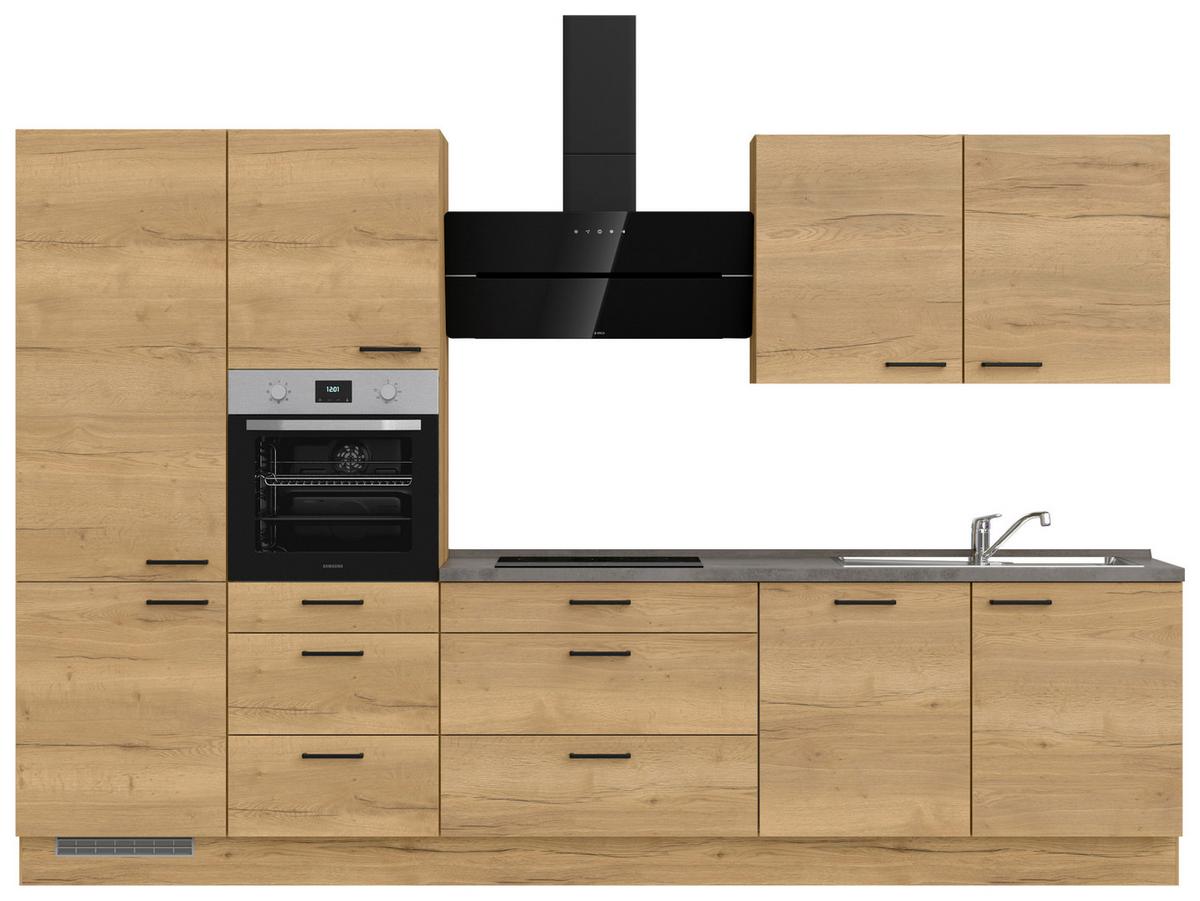 Kuchynská linka 330 cm, dub Sierra - čierna/farba duba, Modern, kov/kompozitné drevo (330cm) - Nobilia