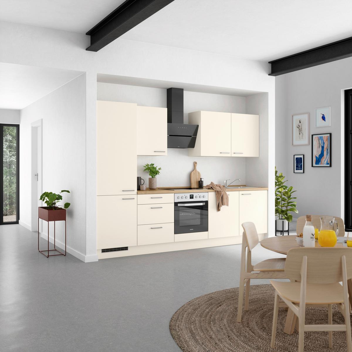 Kuchyňská linka 300 cm, magnóliová supermatná - barvy dubu/magnolie, Moderní, kov/kompozitní dřevo (300cm) - Nobilia