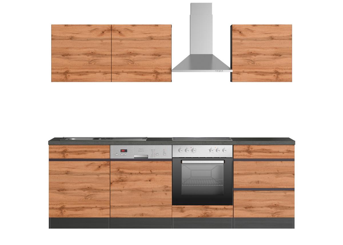 Küchenzeile Turin Mit Geräte B: 240 Cm Graphit/eiche Dekor - Eiche Wotan/Graphitfarben, Design, Holzwerkstoff (240cm) - Held