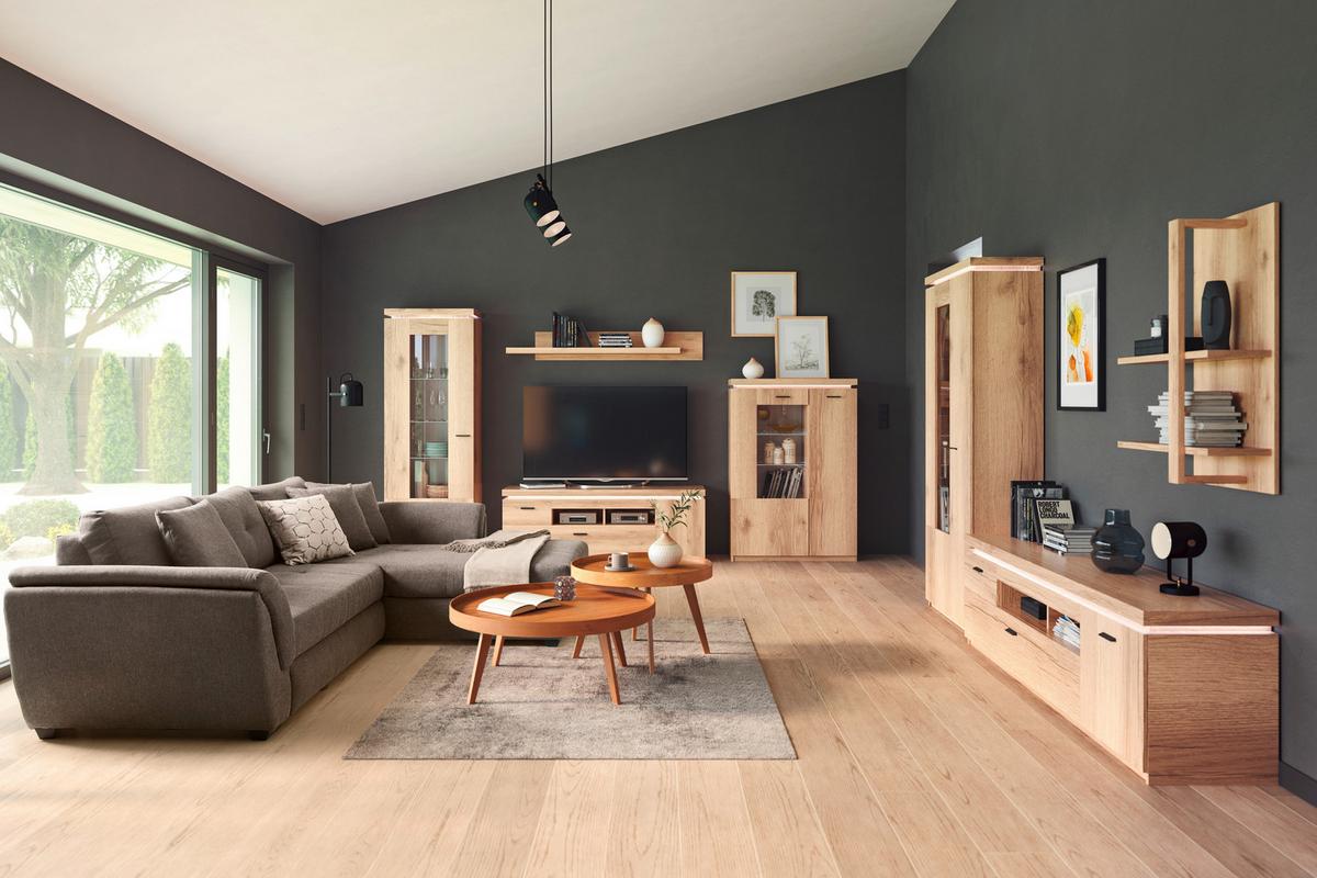 Wohnkombination Modern 3 -teilig. Mit Led Vancouver, Eiche Dekor - Eichefarben, MODERN, Glas/Holzwerkstoff (266/198/44cm)