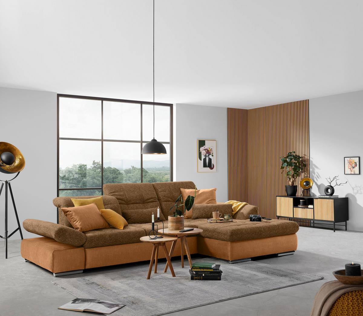 Rohová sedačka SANFINO, pravá, horčicovožltá / koňaková - horčicovožltá/chrómová, Konventionell, kov/drevo (305/79-96/199cm) - Premium Living