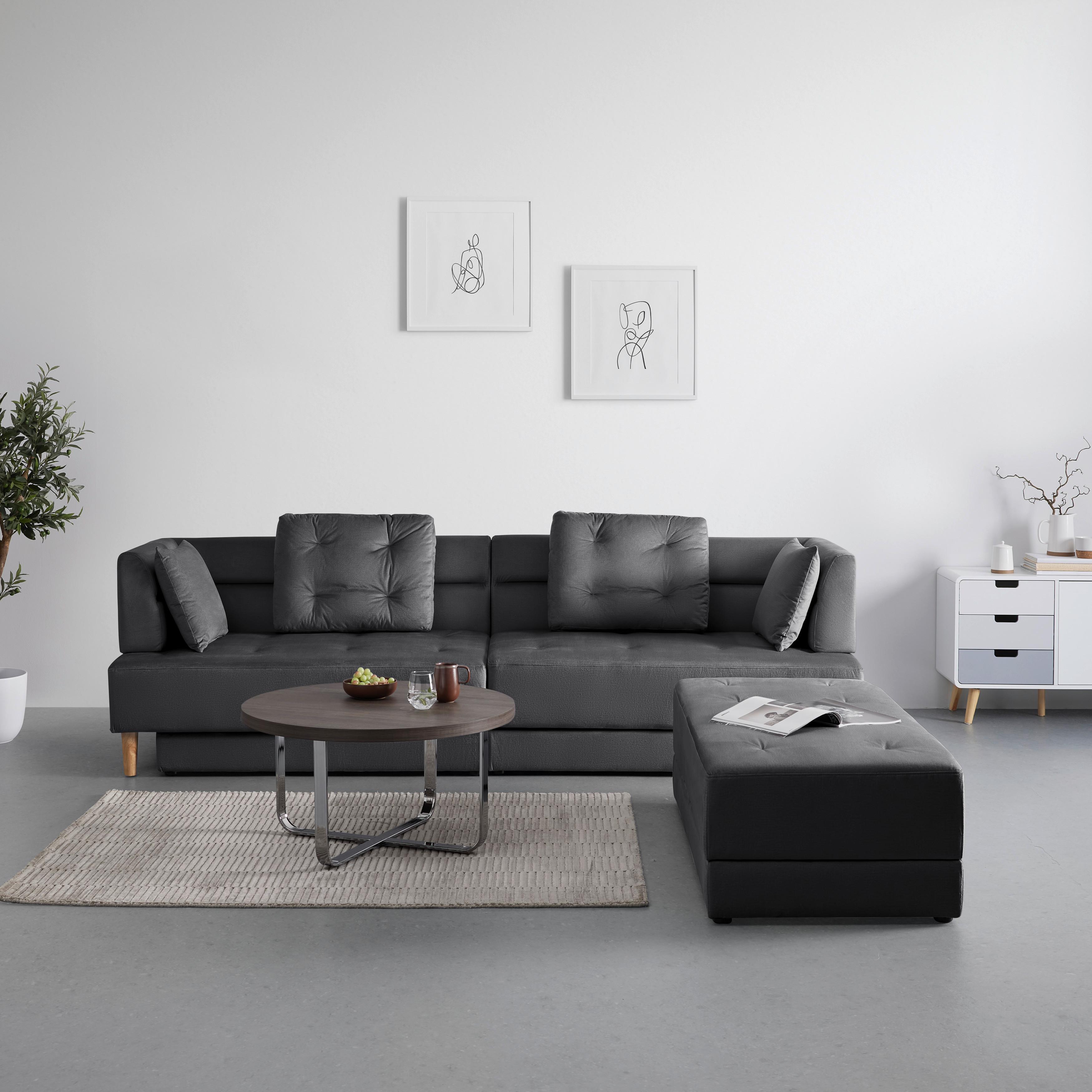 Sametová pohovka s taburetem ELIZA tmavě šedá - černá/tmavě šedá, Moderní, dřevo/textil (260/75/210cm) - Bessagi Home