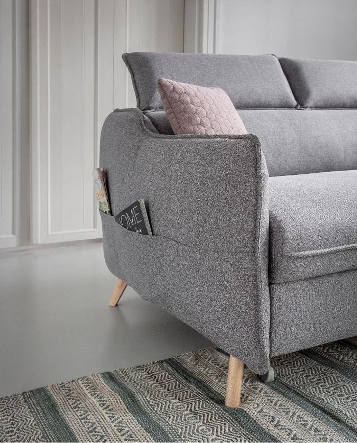 Rozkládací sedačka Simone, pravé provedení - světle šedá/přírodní barvy, Moderní, dřevo/textil (228/82/95/162cm)