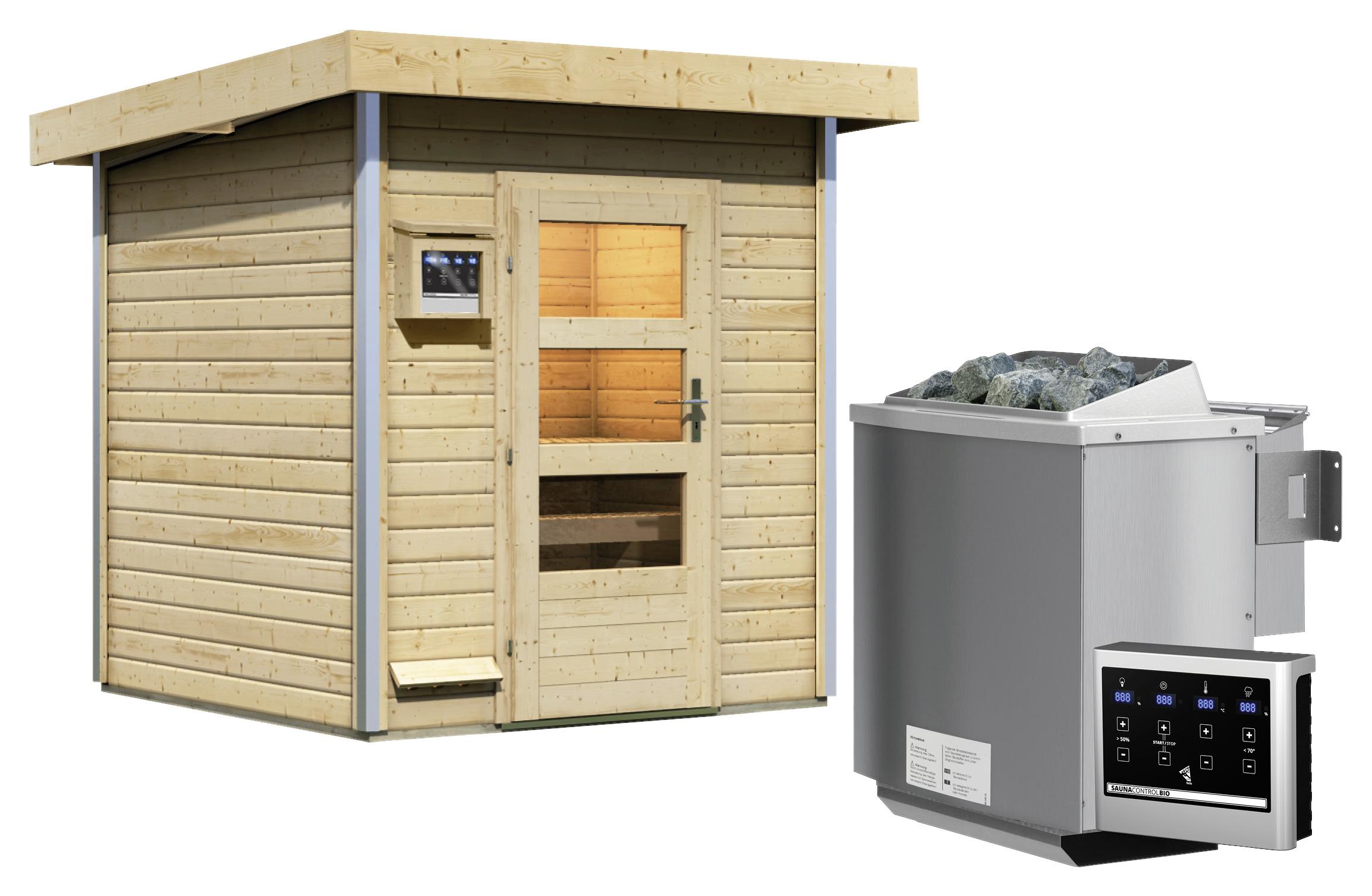 Sauna Outdoor Dijon mit Ext. Steuerung 196x228x196 cm - Naturfarben, MODERN, Holz (196/228/196cm) - Karibu