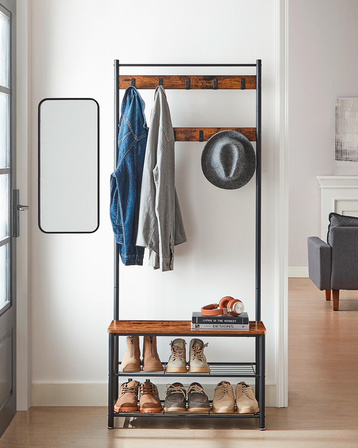 Garderobenständer Mit Sitzfläche, B: 70cm, H: 175 Cm - Schwarz/Braun, Trend, Holzwerkstoff/Metall (70/175/32cm) - Boxxx