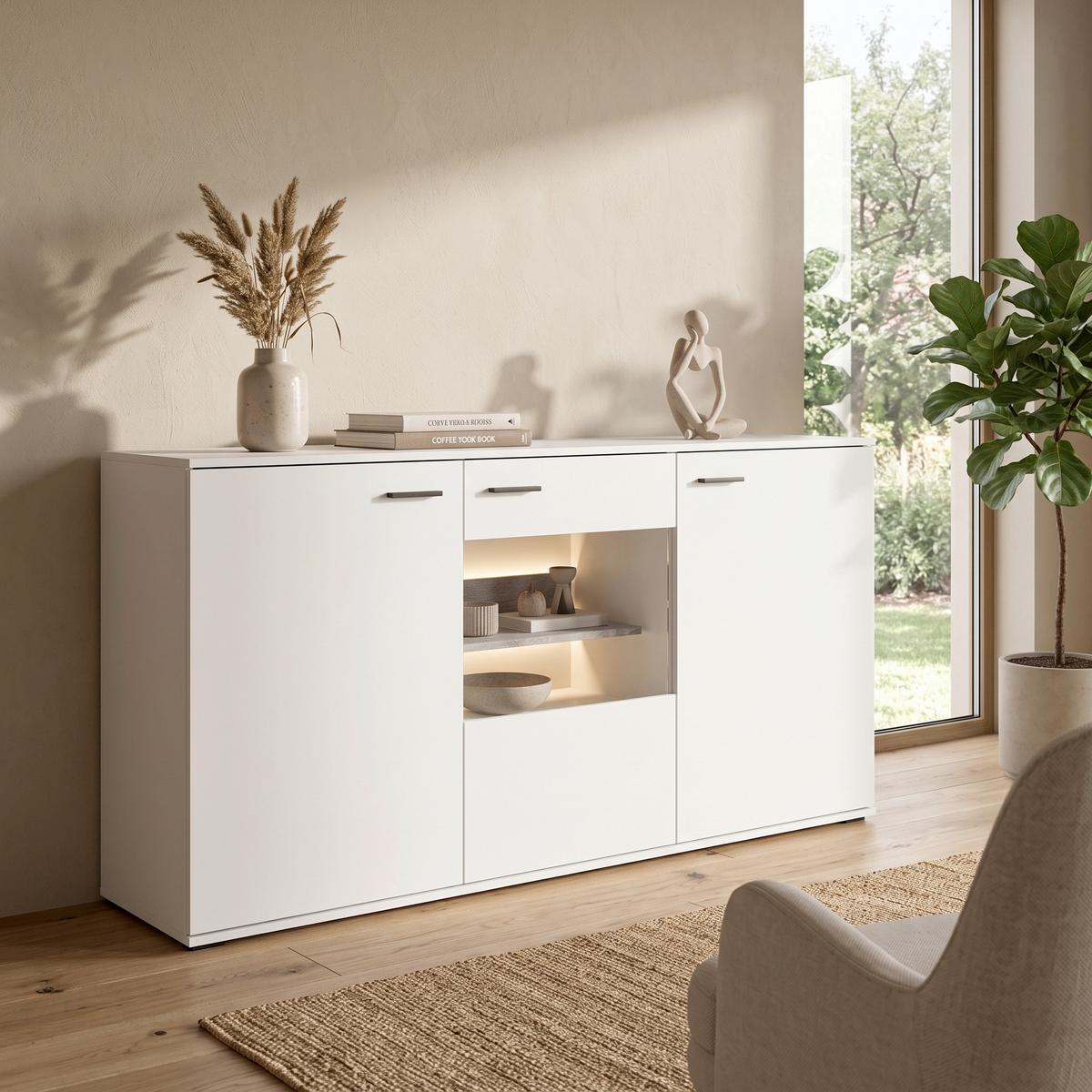 Sideboard Cotia New Weiß/Eichefarben B: 160 cm - Eichefarben/Schwarz, MODERN, Glas/Holzwerkstoff (160/86,9/43,5cm)