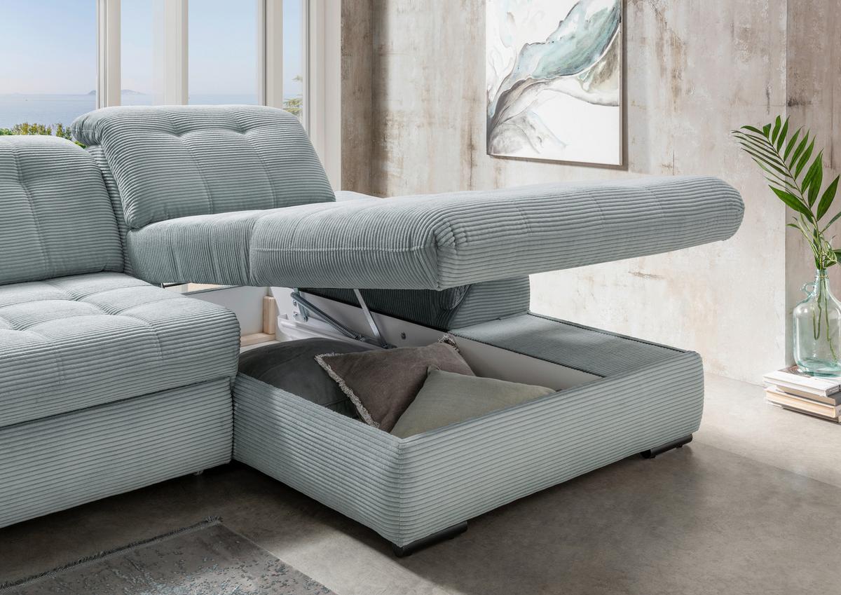 Ecksofa mit Bettkasten Rigatti Hellblau S: 314x184 cm - Schwarz/Hellblau, MODERN, Textil (314/184cm) - Livetastic