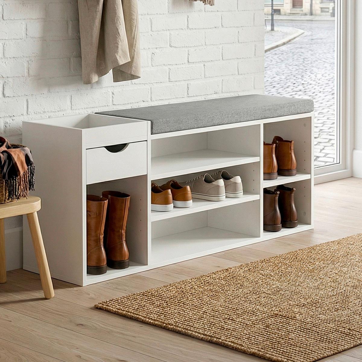 SCHUHBANK Weiß B: 100cm - Weiß/Grau, Design, Holzwerkstoff/Textil (100/45/30cm) - Livetastic