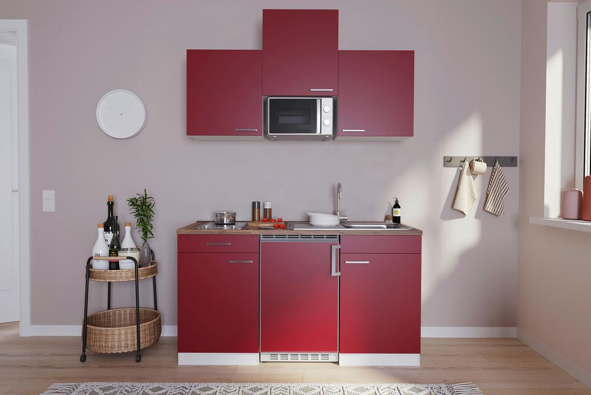 Miniküche Economy M. Geräten 150 Cm Rot/nussbaum Dekor - Rot/Nussbaumfarben, Basics, Holzwerkstoff (150cm) - Respekta