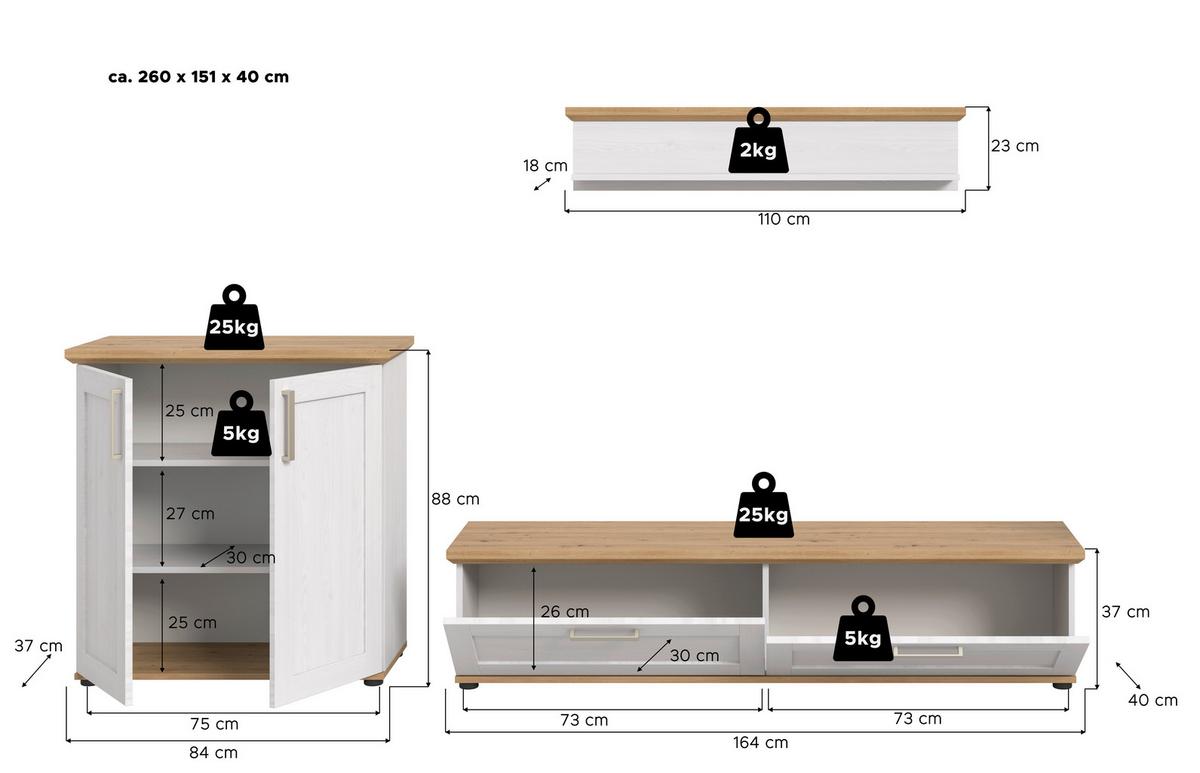 Wohnwand Verona Lärchefarben /Eiche Dekor B: 260cm - Lärchefarben/Schwarz, Design, Holzwerkstoff (260/151/40cm) - Livetastic